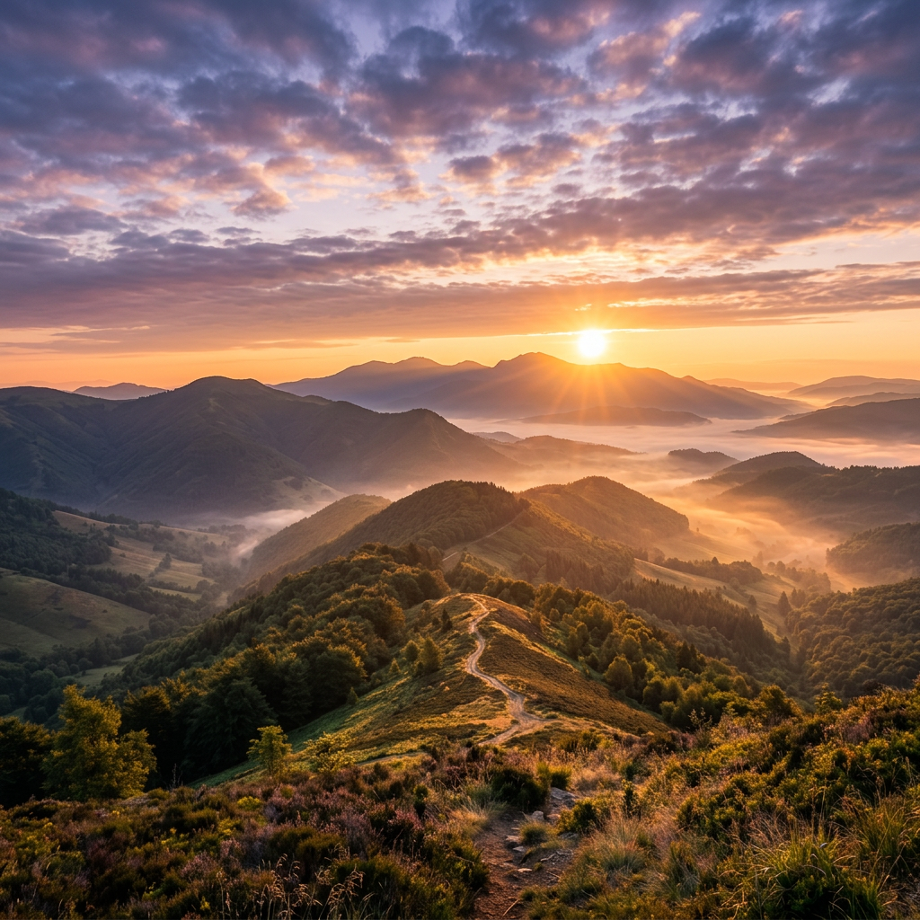 Sun rising over layered mountain ranges with mist in valleys and a winding path